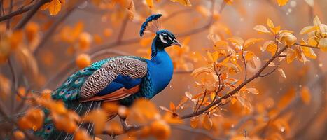 pavo real perca en el desayuno tardío en naranja árbol hojas fondo, animal fotografía foto