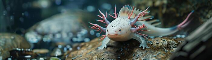 Close up of a Axolotl sitinng on a rock under the fresh clear water on natural underwater background photo