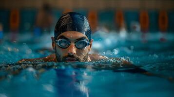 Close up of a Man wearing Swimming Goggles in the swimming pool, telephoto photo