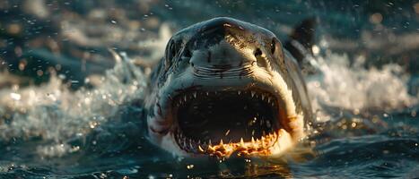 Cinematic photography of scary Great white shark with mouth open on surface of the ocean. photo