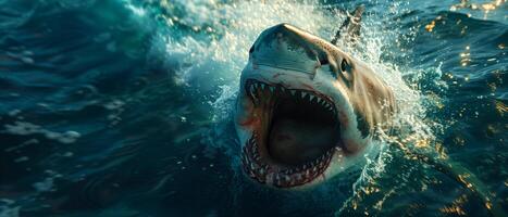 A scary great white shark pokes its head out of the sea water, ready to attack photo