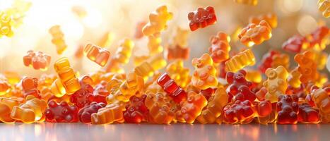 Cinematic, Colorful Gummy Bears Falling from Above on sunlight background photo