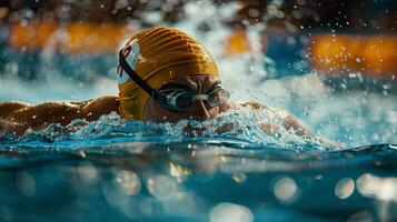 cerca arriba de un hombre nadando en el piscina en nadando competencia, deporte fotografía, telefotográfico foto