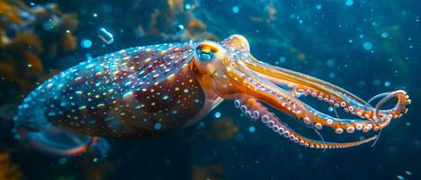 A close up of orange glowing deep sea squid under the ocean photo