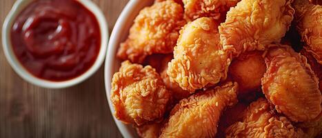 Top view of fried chicken in white plate with ketchup on wooden table for wallpaper or banner photo