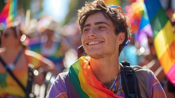 un contento sonrisa joven discapacitado hombre vistiendo un arco iris de colores camisa a un orgullo desfile foto