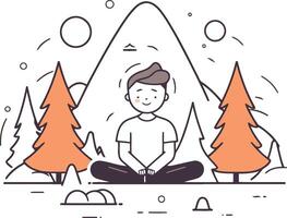 hombre meditando en loto posición en montañas. vector