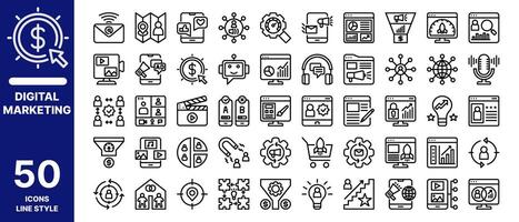 Digital marketing icon set with line style. Contains 50 icons . vector