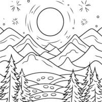 Outline mountain landscape. Hand drawn illustration for coloring book. vector
