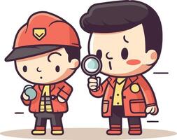 Firefighter and fireman with magnifying glass. vector