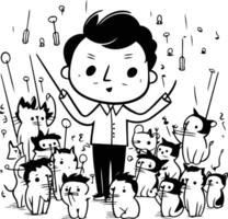 Illustration of a man with a lot of cats around him. vector