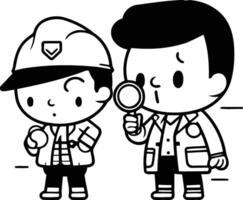 Firefighter and fireman with magnifying glass. vector
