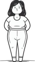 más Talla grasa mujer. negro y blanco ilustración de exceso de peso hembra cuerpo. vector