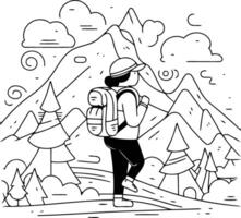 ilustración de un caminante con un mochila excursionismo en montañas. vector