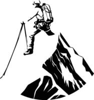 Hiker on the mountain peak in retro style. vector