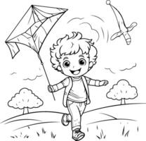 Cute little boy flying a kite in the park. vector