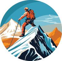Hiker on the mountain peak in retro style. vector