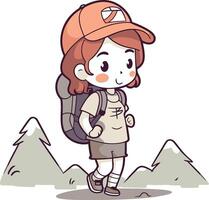 ilustración de un niña excursionismo en el montañas con un mochila vector