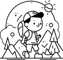 Cute little girl hiking in the mountains in thin line style. vector