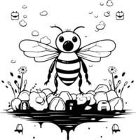 Bee and flowers on white background. Flat style. vector