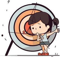 Girl with bow and arrow on target in cartoon style. vector