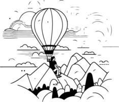 illustration of a man flying on a hot air balloon over the mountain range. vector