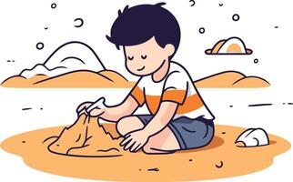 Little boy building sandcastle in doodle style vector