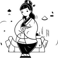 Japanese girl in kimono in cartoon style. vector