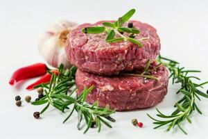 Fresh Beef Mince for Homemade Burgers Isolated on White Background photo