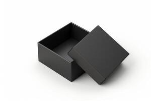 Exposed Black Mystery Box Isolated on White Background photo