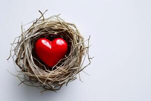 reconfortante rojo corazón rodeado por nido aislado en blanco antecedentes foto