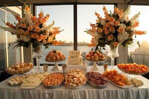 luxurious decoration of white tablecloths with lots of finger food prepared professional advertising food photography photo