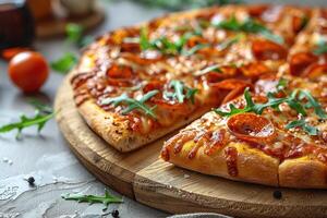 a slice of pizza is placed on a small modern wooden board on a clean kitchen table professional advertising food photography photo