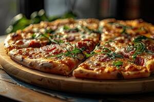 a slice of pizza is placed on a small modern wooden board on a clean kitchen table professional advertising food photography photo