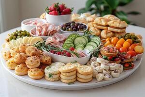 luxurious decoration of white tablecloths with lots of finger food prepared professional advertising food photography photo