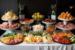 lujoso decoración de blanco manteles con un montón de dedo comida preparado profesional publicidad comida fotografía foto