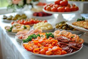 luxurious decoration of white tablecloths with lots of finger food prepared professional advertising food photography photo