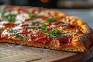 un rebanada de Pizza es metido en un pequeño moderno de madera tablero en un limpiar cocina mesa profesional publicidad comida fotografía foto