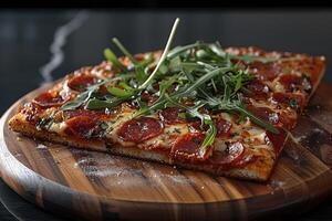 un rebanada de Pizza es metido en un pequeño moderno de madera tablero en un limpiar cocina mesa profesional publicidad comida fotografía foto