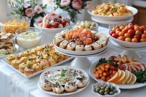 lujoso decoración de blanco manteles con un montón de dedo comida preparado profesional publicidad comida fotografía foto