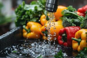 A fresh fruits or vegetables with water droplets creating a splash advertising food photography photo