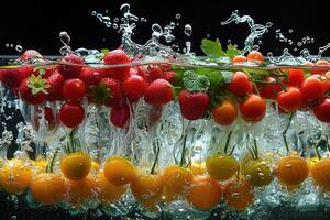 A fresh fruits or vegetables with water droplets creating a splash advertising food photography photo