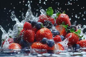 A fresh fruits or vegetables with water droplets creating a splash advertising food photography photo