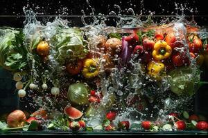 A fresh fruits or vegetables with water droplets creating a splash advertising food photography photo