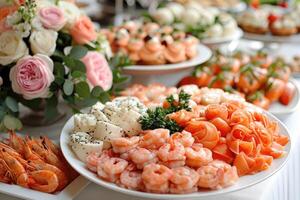 lujoso decoración de blanco manteles con un montón de dedo comida preparado profesional publicidad comida fotografía foto