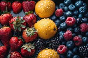 A fresh fruits or vegetables with water droplets creating a splash advertising food photography photo