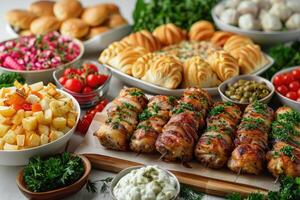 lujoso decoración de blanco manteles con un montón de dedo comida preparado profesional publicidad comida fotografía foto