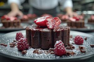 un cocinero hace delicioso postres profesional publicidad comida fotografía foto