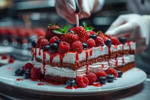 un cocinero hace delicioso postres profesional publicidad comida fotografía foto