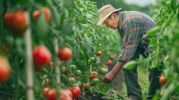 un seguro, bien vestido 40 años asiático granjero tendiendo a tomate plantas. lleno cuerpo disparo, maduro Tomates en el enredadera, lozano tomate huerta en el antecedentes. foto